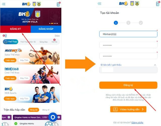 Thao tác đăng ký BK8 bằng điện thoại